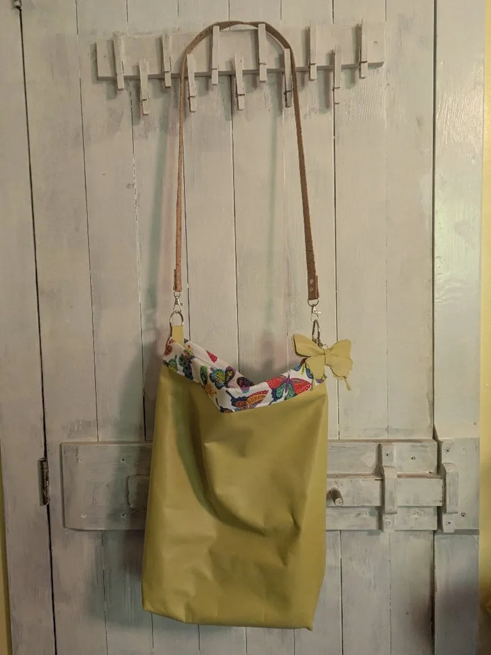 Leather Tote Bag with Cork Handle lined with butterfly cotton